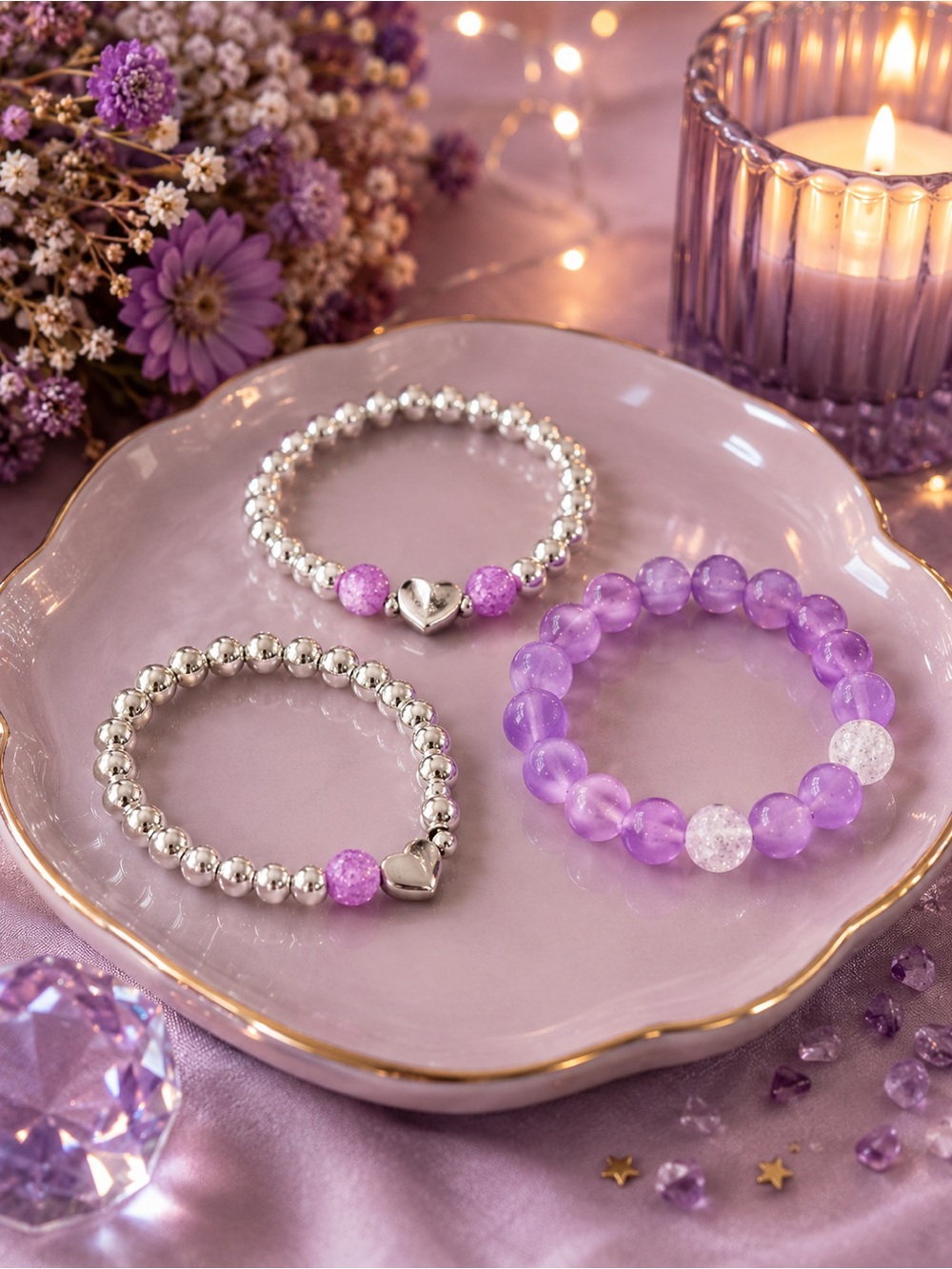 Purple and Silver Beaded Bracelet Set